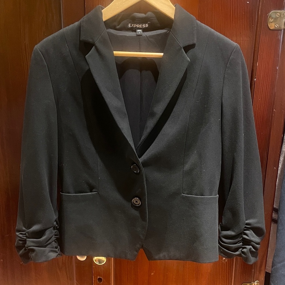 Express Black Ruched-Sleeve Tailored Blazer